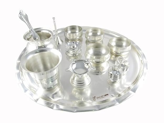 GoldGiftIdeas 12 Inch Sarovar Silver Plated Pooja Thali Set