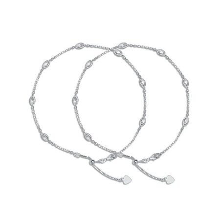 925 Sterling Silver Diamond Cut Oval Beaded Station Anklet for women & girls