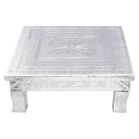 Wooden Pooja Chowki Big Size Square Chaurang Stool with Silver