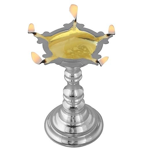Pure Silver 925 Traditional Samai Diya with 5 Wicks Holder Decorative Silver Pooja Lamp